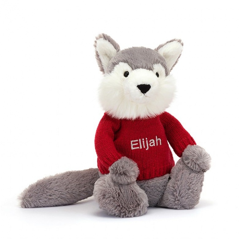 Jellycat Bashful Loup with Personalised Red Jumper MEDIUM - H31 X W12 CM | 09215ZLNU