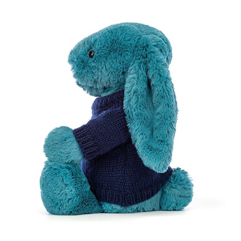 Jellycat Bashful Mineral Blue Lapin with Personalised Navy Jumper MEDIUM - H31 X W12 CM | 93487RUCH