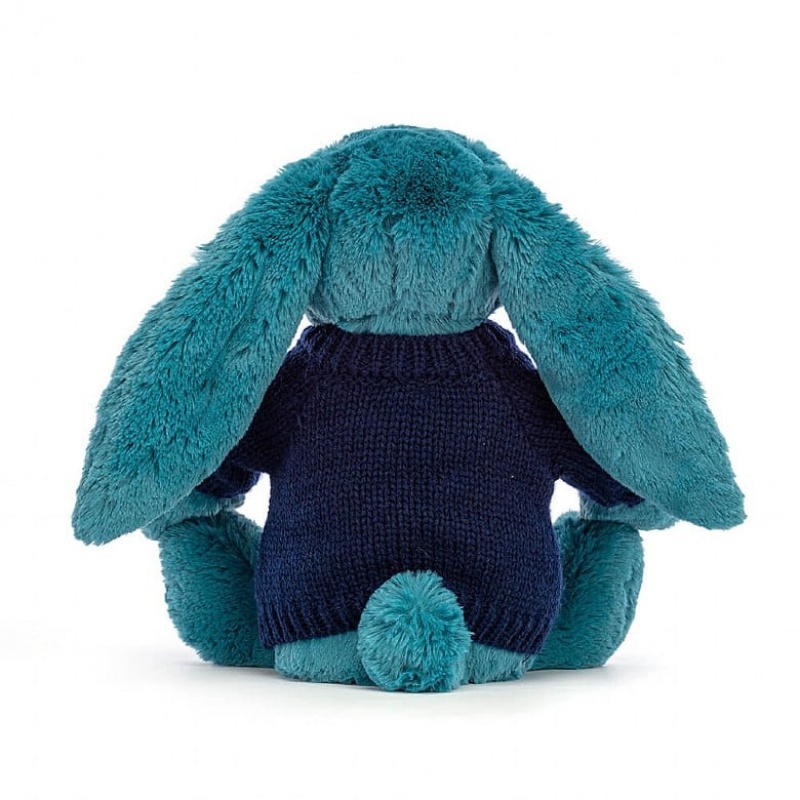 Jellycat Bashful Mineral Blue Lapin with Personalised Navy Jumper MEDIUM - H31 X W12 CM | 93487RUCH