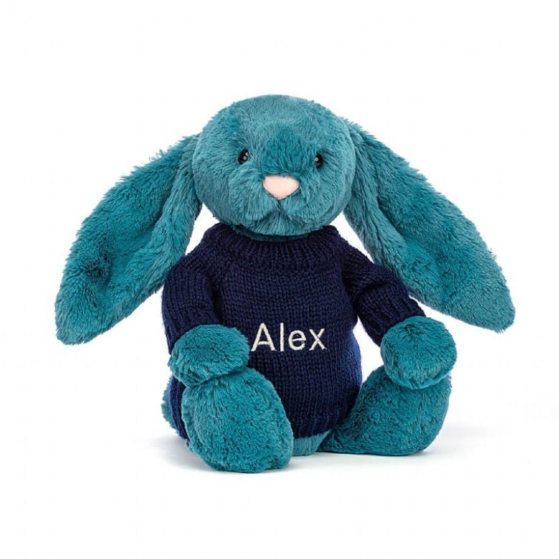 Jellycat Bashful Mineral Blue Lapin with Personalised Navy Jumper MEDIUM - H31 X W12 CM | 93487RUCH