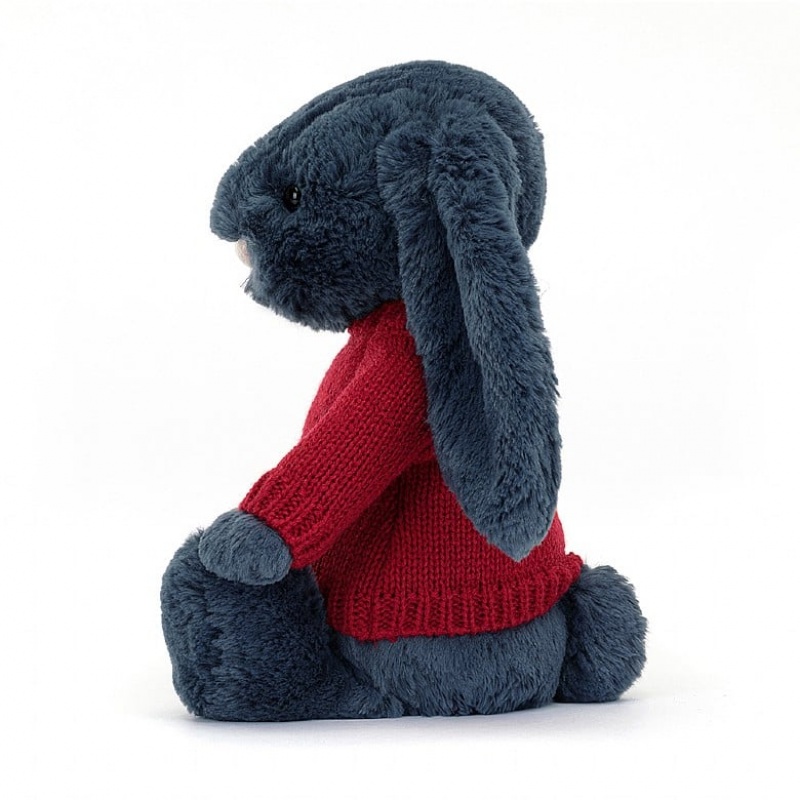 Jellycat Bashful Navy Lapin with Personalised Red Jumper MEDIUM - H31 X W12 CM | 20758QEGI