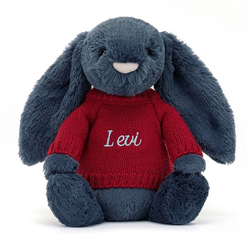 Jellycat Bashful Navy Lapin with Personalised Red Jumper MEDIUM - H31 X W12 CM | 20758QEGI