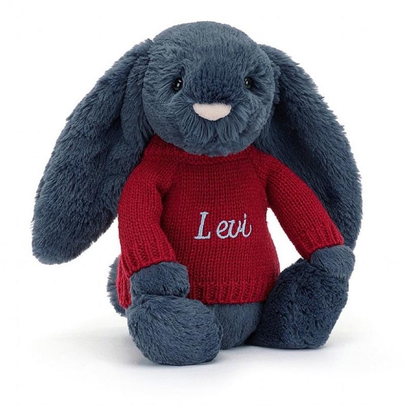 Jellycat Bashful Navy Lapin with Personalised Red Jumper MEDIUM - H31 X W12 CM | 20758QEGI