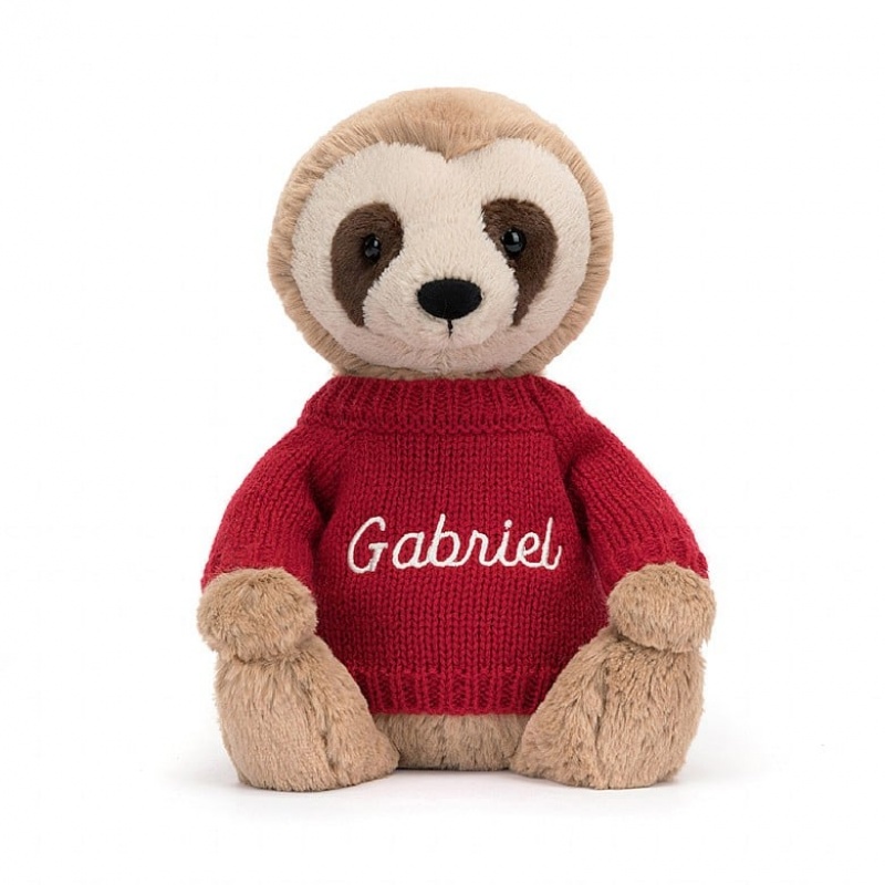 Jellycat Bashful Paresseux with Personalised Red Jumper MEDIUM - H28 X W12 CM | 95063IBJR