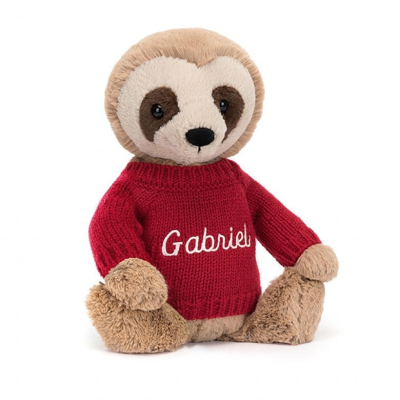 Jellycat Bashful Paresseux with Personalised Red Jumper MEDIUM - H28 X W12 CM | 95063IBJR