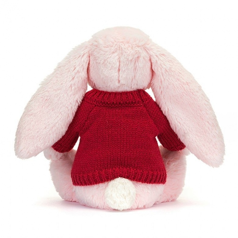 Jellycat Bashful Pink Lapin with Personalised Red Jumper MEDIUM - H31 X W12 CM | 23874JEAZ