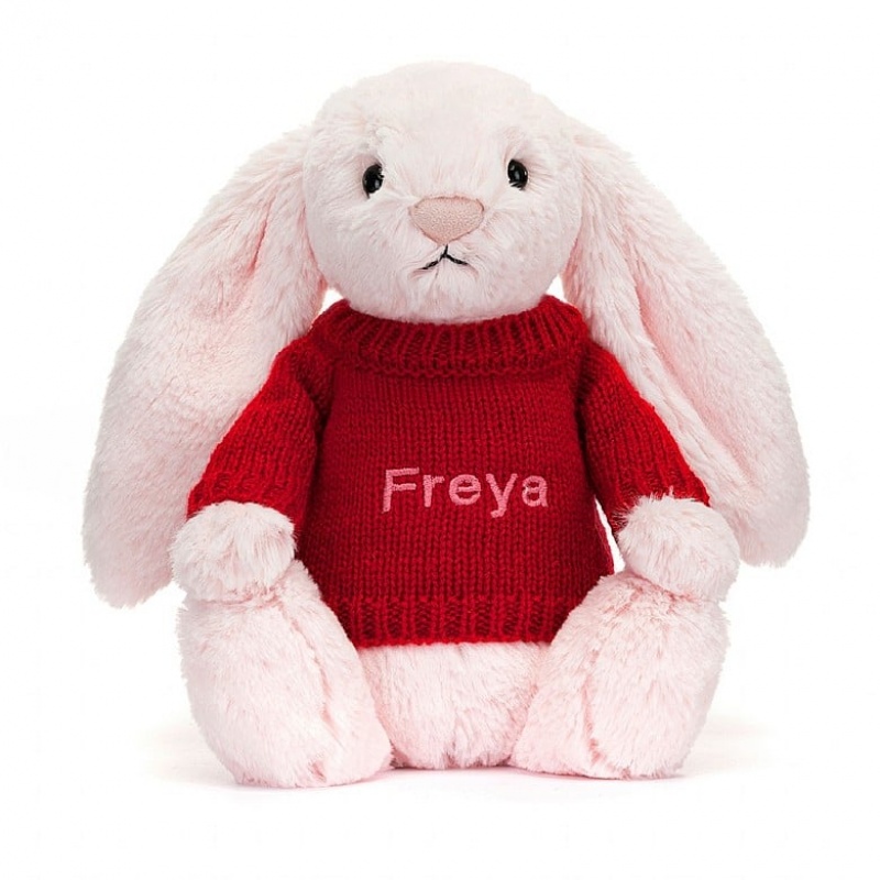 Jellycat Bashful Pink Lapin with Personalised Red Jumper MEDIUM - H31 X W12 CM | 23874JEAZ