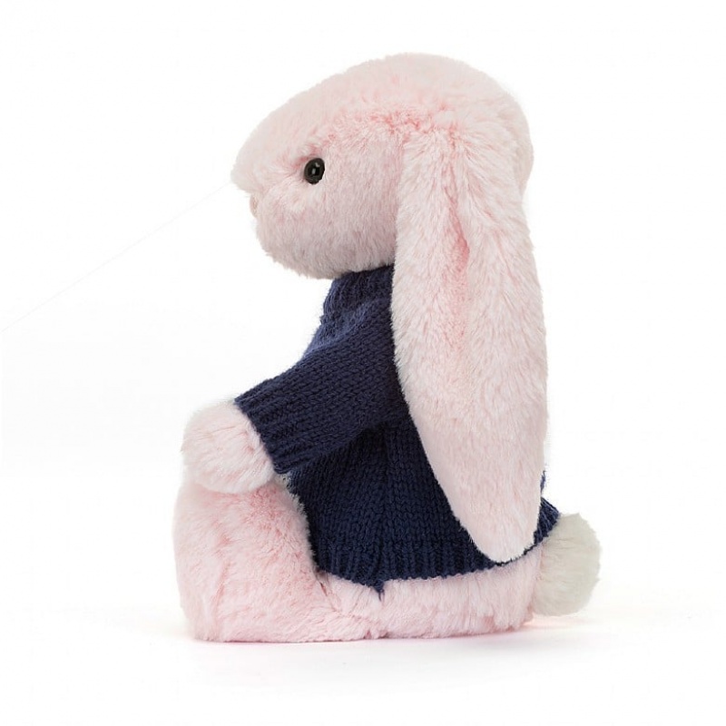 Jellycat Bashful Pink Lapin with Personalised Navy Jumper MEDIUM - H31 X W12 CM | 01384DFTO