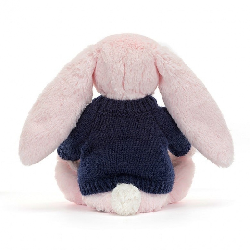 Jellycat Bashful Pink Lapin with Personalised Navy Jumper MEDIUM - H31 X W12 CM | 01384DFTO