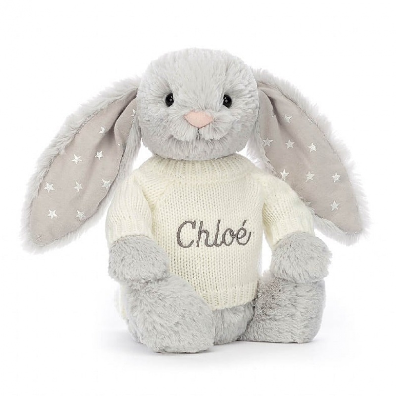 Jellycat Bashful Shimmer Lapin with Personalised Cream Jumper MEDIUM - H31 X W12 CM | 14827OQEM