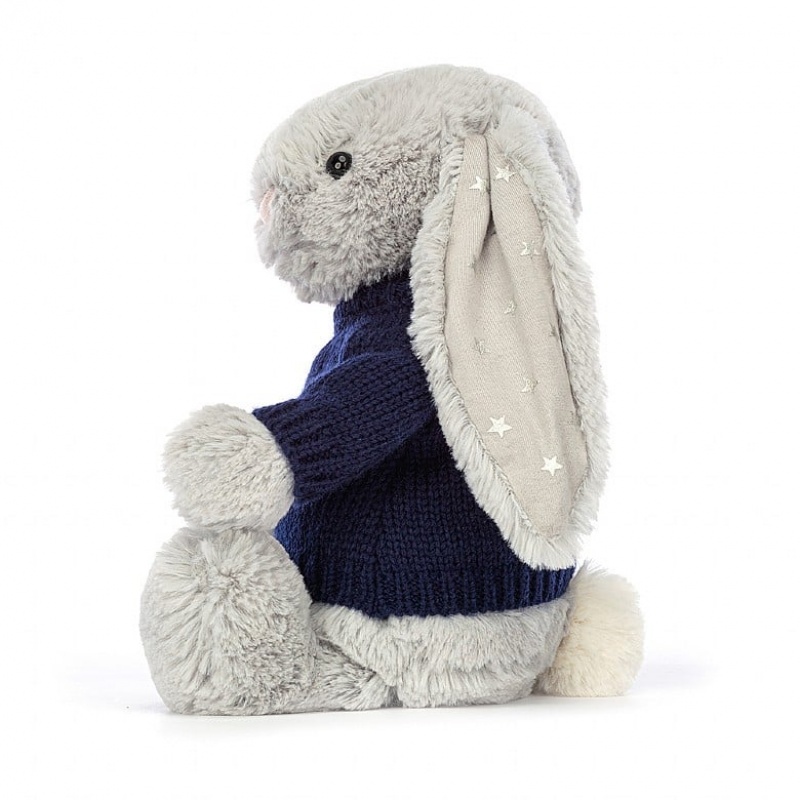 Jellycat Bashful Shimmer Lapin with Personalised Navy Jumper MEDIUM - H31 X W12 CM | 57918XAHB