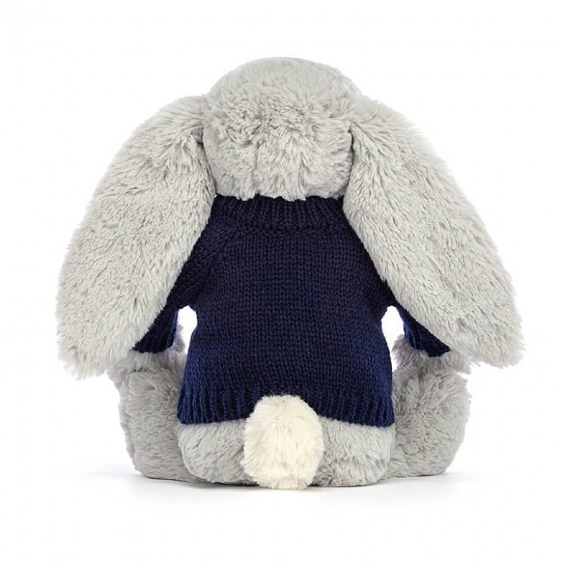 Jellycat Bashful Shimmer Lapin with Personalised Navy Jumper MEDIUM - H31 X W12 CM | 57918XAHB