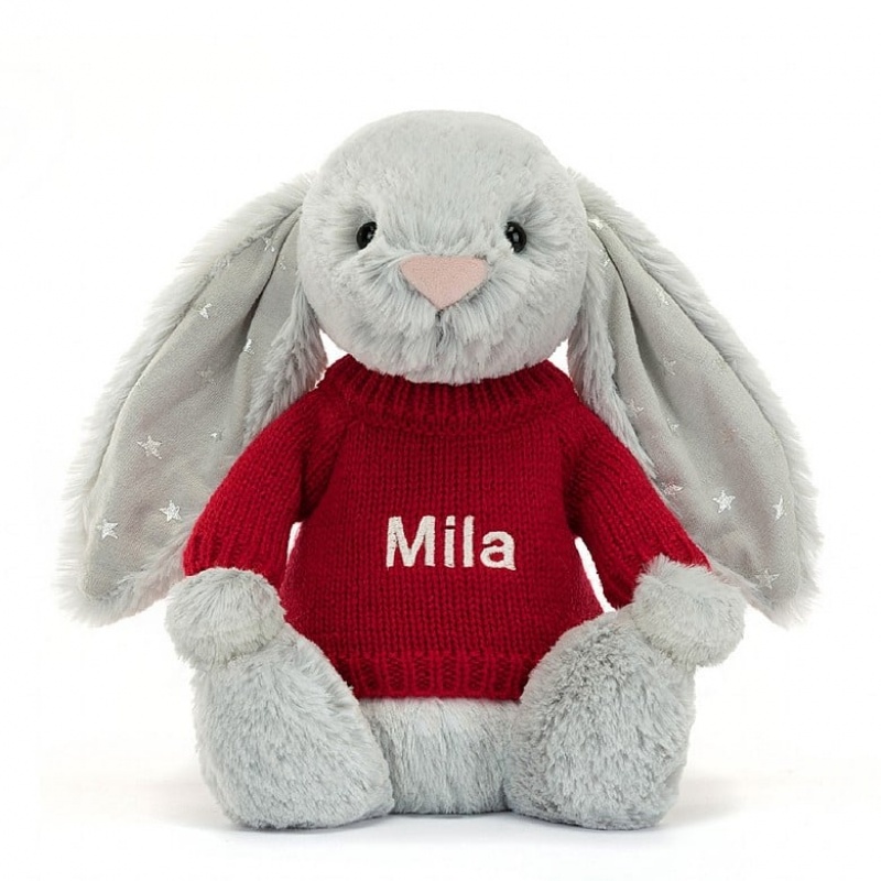 Jellycat Bashful Shimmer Lapin with Personalised Red Jumper MEDIUM - H31 X W12 CM | 50768PAUS