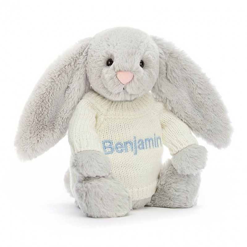 Jellycat Bashful Silver Lapin with Personalised Cream Jumper MEDIUM - H31 X W12 CM | 72654NECT