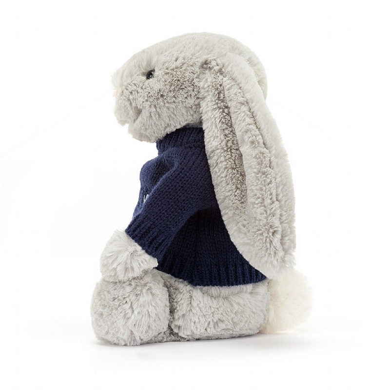 Jellycat Bashful Silver Lapin with Personalised Navy Jumper MEDIUM - H31 X W12 CM | 60758VOEJ