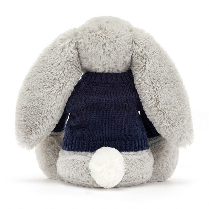 Jellycat Bashful Silver Lapin with Personalised Navy Jumper MEDIUM - H31 X W12 CM | 60758VOEJ