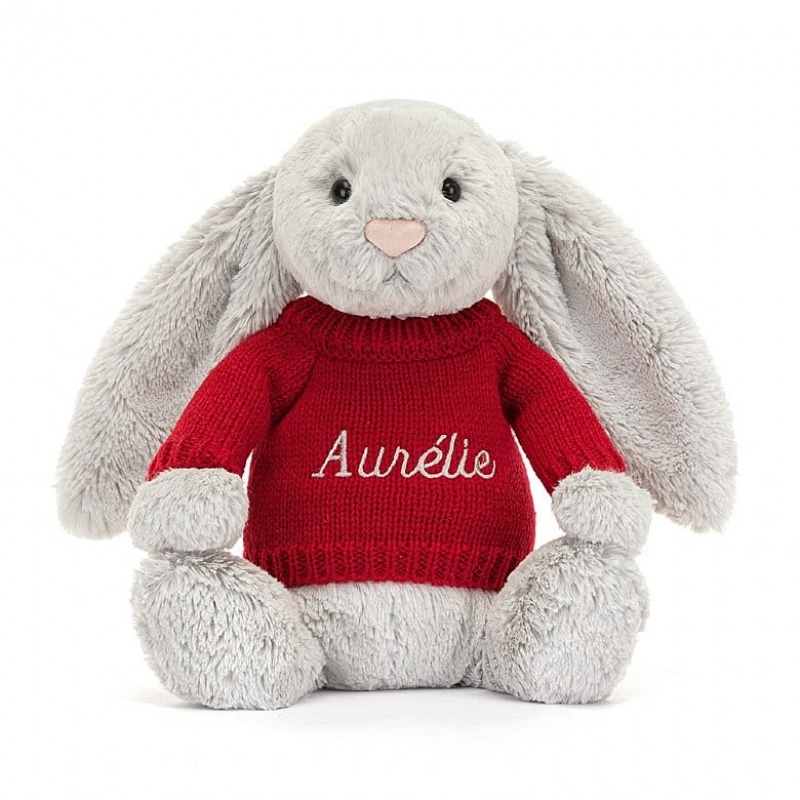 Jellycat Bashful Silver Lapin with Personalised Red Jumper MEDIUM - H31 X W12 CM | 72368WYXE