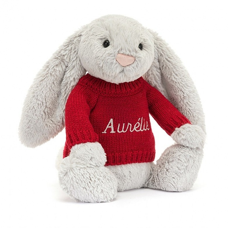 Jellycat Bashful Silver Lapin with Personalised Red Jumper MEDIUM - H31 X W12 CM | 72368WYXE