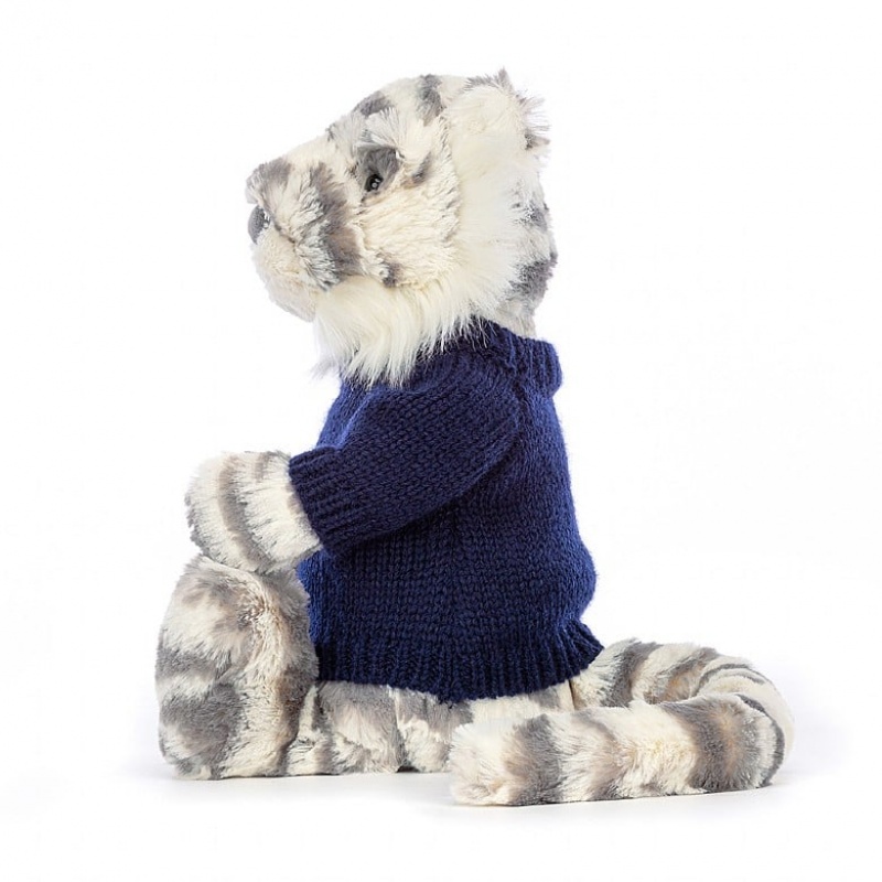 Jellycat Bashful Snow Tigre with Personalised Navy Jumper MEDIUM - H31 X W12 CM | 61084GUQF