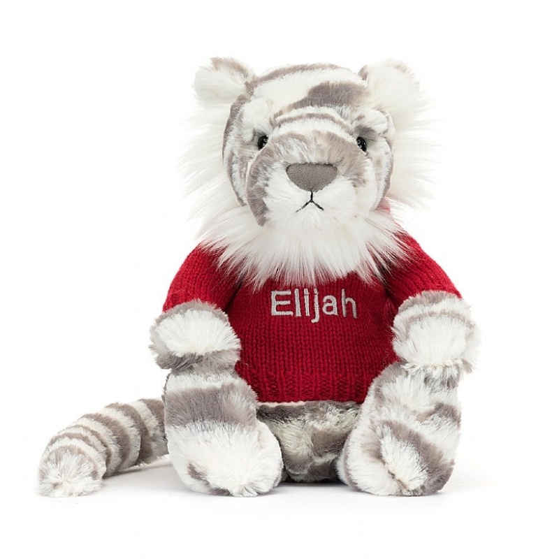 Jellycat Bashful Snow Tigre with Personalised Red Jumper MEDIUM - H31 X W12 CM | 92136SMPU