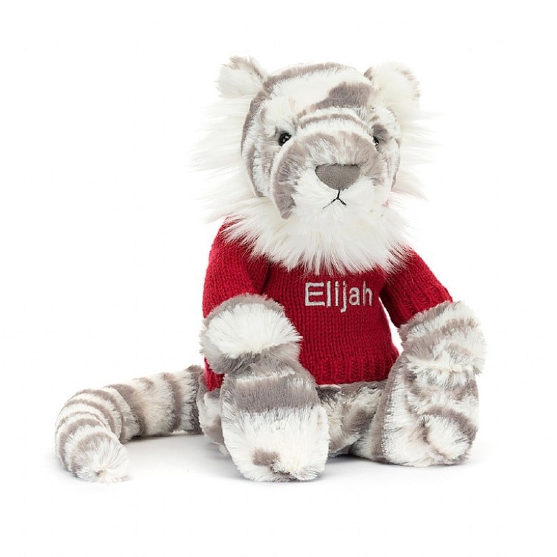 Jellycat Bashful Snow Tigre with Personalised Red Jumper MEDIUM - H31 X W12 CM | 92136SMPU