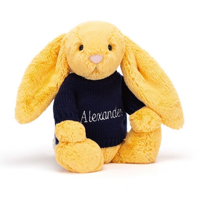 Jellycat Bashful Sunshine Lapin with Personalised Navy Jumper MEDIUM - H31 X W12 CM | 63987OFDE