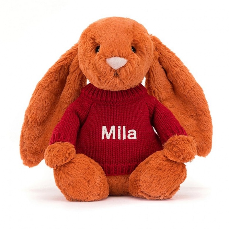 Jellycat Bashful Tangerine Lapin with Personalised Red Jumper MEDIUM - H31 X W12 CM | 70364AMBC