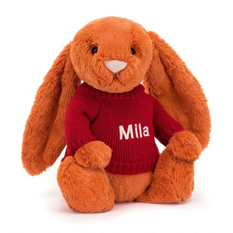 Jellycat Bashful Tangerine Lapin with Personalised Red Jumper MEDIUM - H31 X W12 CM | 70364AMBC