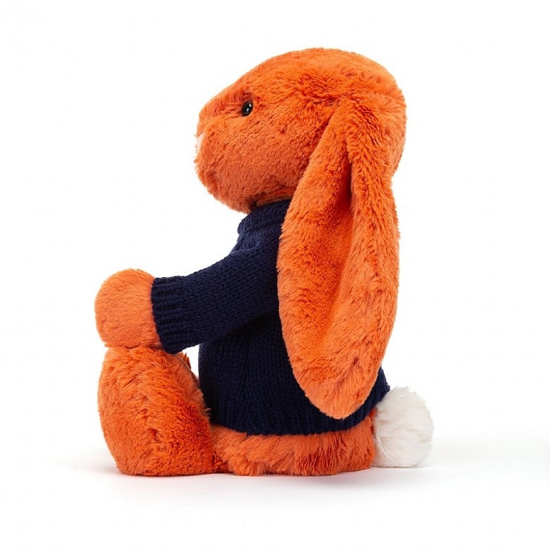 Jellycat Bashful Tangerine Lapin with Personalised Navy Jumper MEDIUM - H31 X W12 CM | 78943KUSC