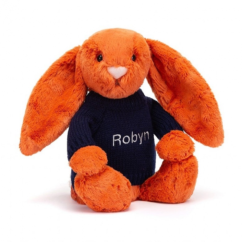 Jellycat Bashful Tangerine Lapin with Personalised Navy Jumper MEDIUM - H31 X W12 CM | 78943KUSC