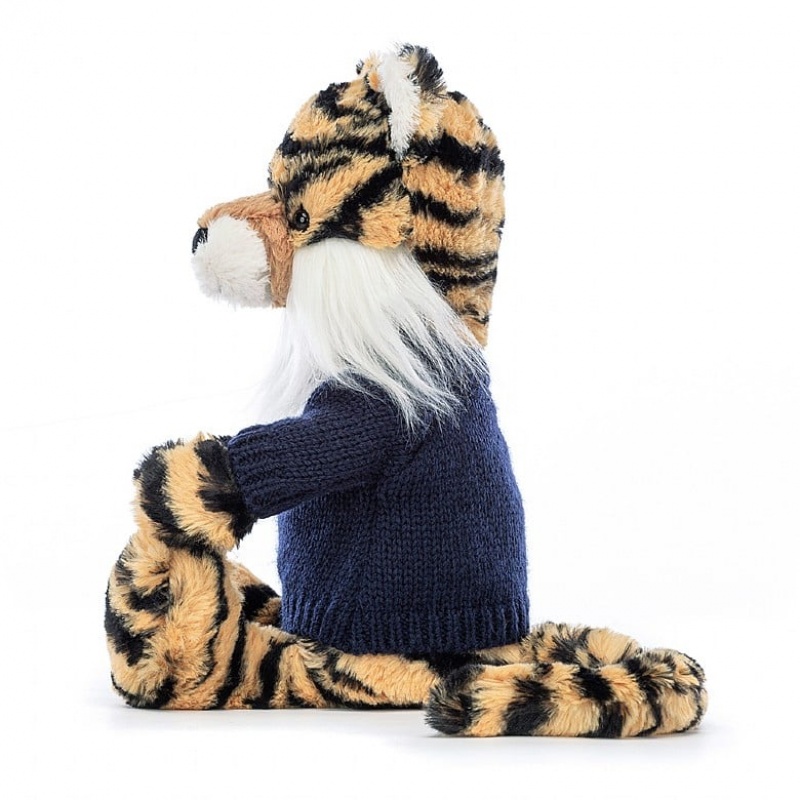 Jellycat Bashful Tigre with Personalised Navy Jumper MEDIUM - H31 X W12 CM | 97813OXYI