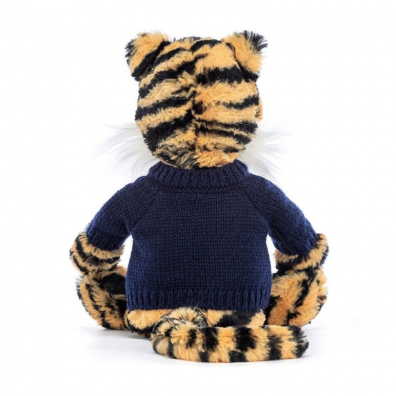 Jellycat Bashful Tigre with Personalised Navy Jumper MEDIUM - H31 X W12 CM | 97813OXYI