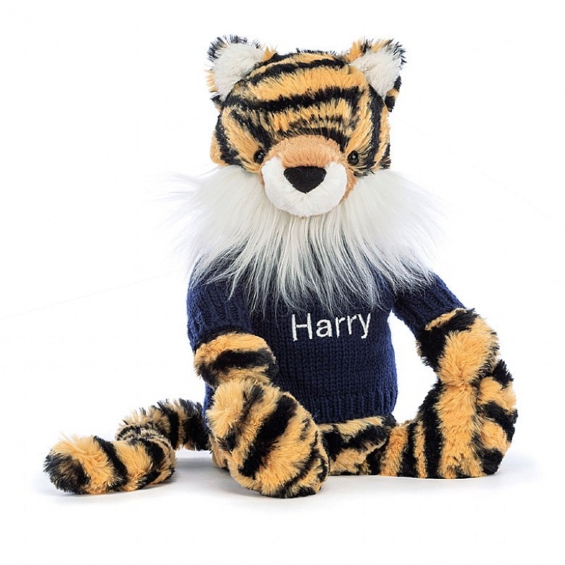 Jellycat Bashful Tigre with Personalised Navy Jumper MEDIUM - H31 X W12 CM | 97813OXYI