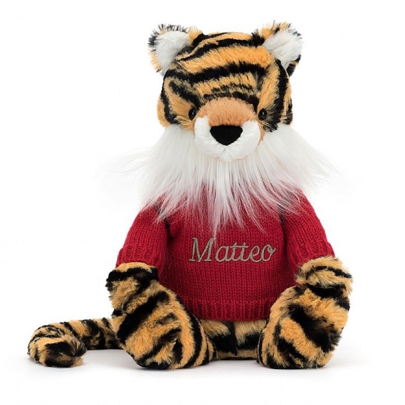 Jellycat Bashful Tigre with Personalised Red Jumper MEDIUM - H31 X W12 CM | 31065QZHG