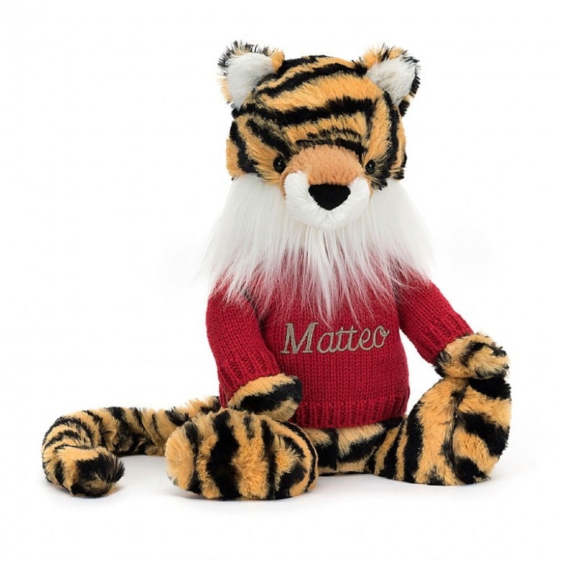 Jellycat Bashful Tigre with Personalised Red Jumper MEDIUM - H31 X W12 CM | 31065QZHG