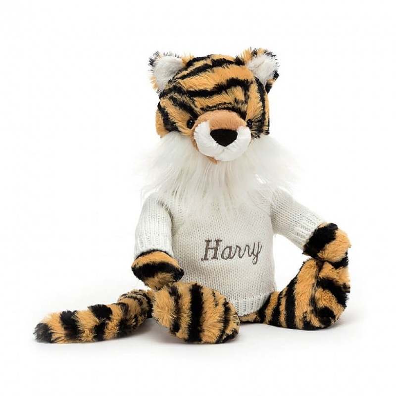 Jellycat Bashful Tigre with Personalised Cream Jumper MEDIUM - H31 X W12 CM | 15783IWFR