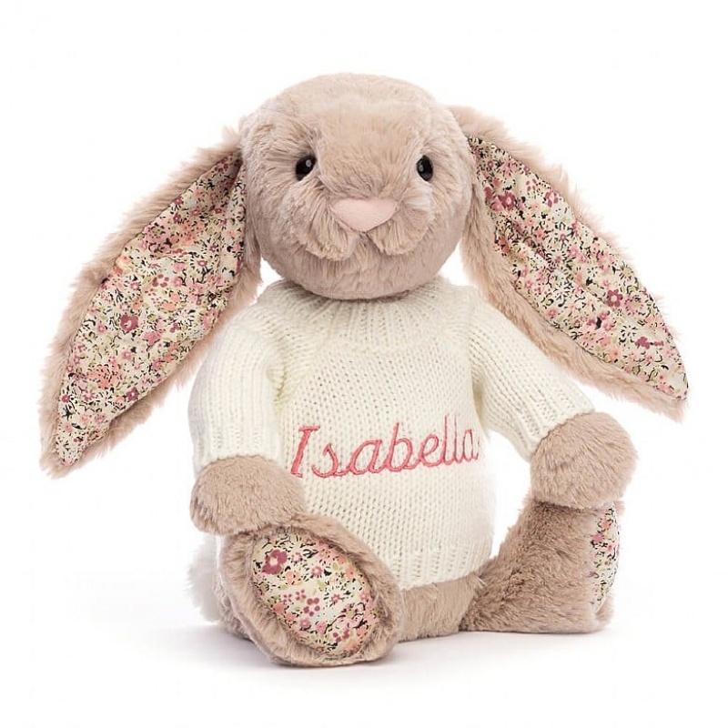 Jellycat Blossom Bea Beige Lapin with Personalised Cream Jumper MEDIUM - H31 X W12 CM | 07819CAFN