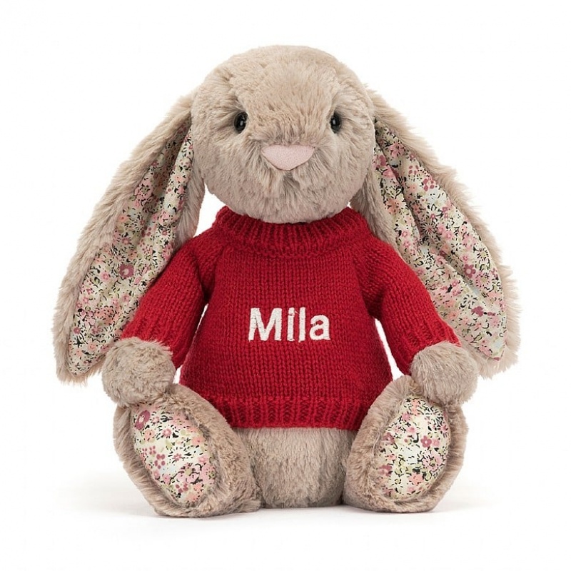 Jellycat Blossom Bea Beige Lapin with Personalised Red Jumper MEDIUM - H31 X W12 CM | 62953SCOU