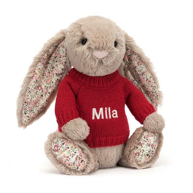 Jellycat Blossom Bea Beige Lapin with Personalised Red Jumper MEDIUM - H31 X W12 CM | 62953SCOU