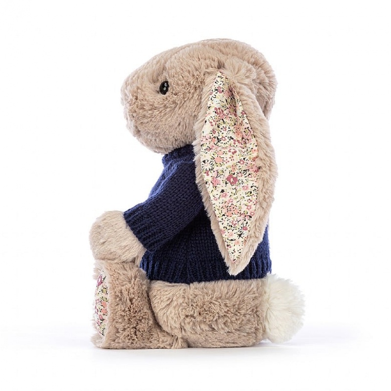 Jellycat Blossom Bea Beige Lapin with Personalised Navy Jumper MEDIUM - H31 X W12 CM | 10264QVIY