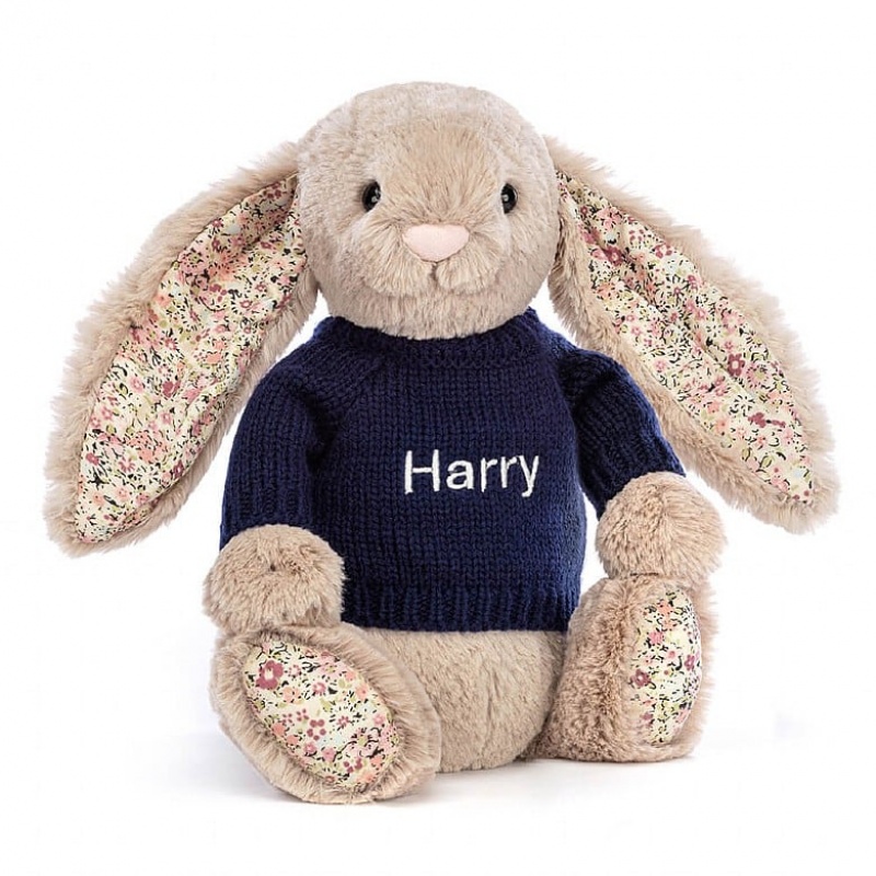 Jellycat Blossom Bea Beige Lapin with Personalised Navy Jumper MEDIUM - H31 X W12 CM | 10264QVIY