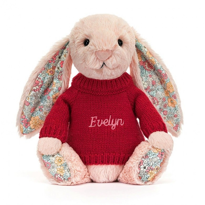 Jellycat Blossom Blush Lapin with Personalised Red Jumper MEDIUM - H31 X W12 CM | 87690QXID