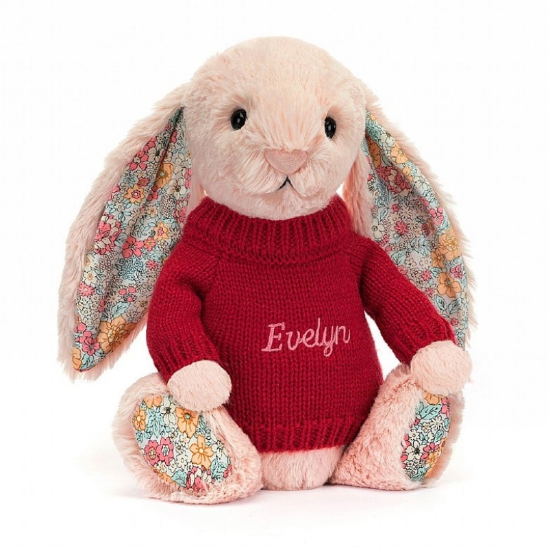 Jellycat Blossom Blush Lapin with Personalised Red Jumper MEDIUM - H31 X W12 CM | 87690QXID