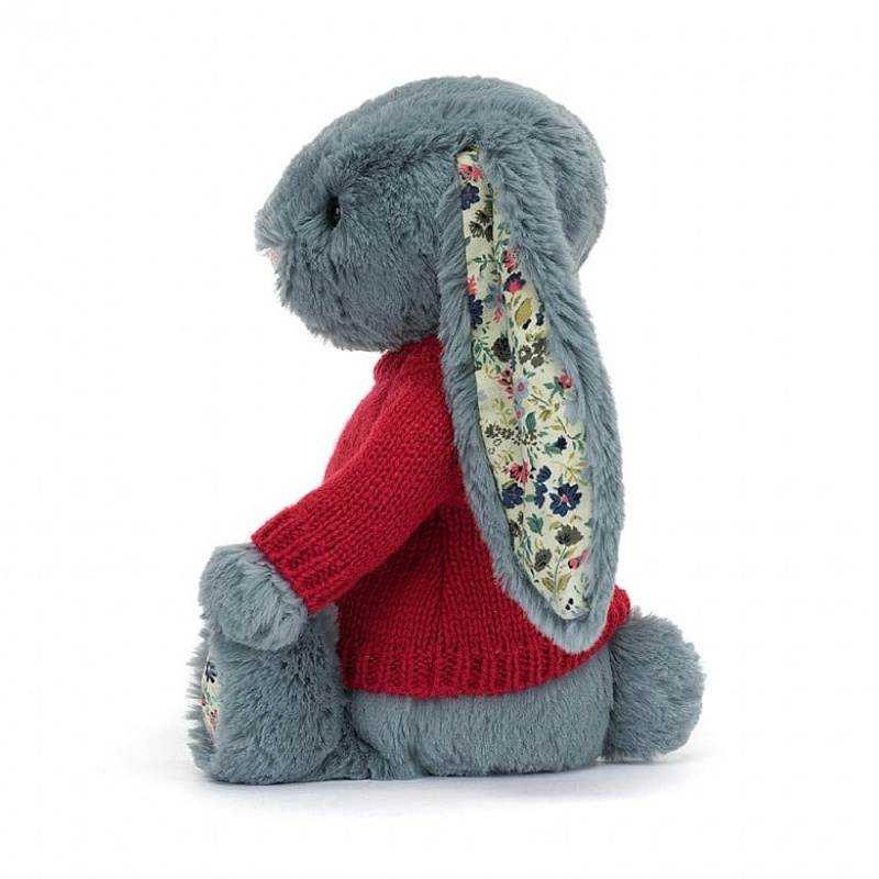 Jellycat Blossom Dusky Blue Lapin with Personalised Red Jumper MEDIUM - H31 X W12 CM | 68473IFQV