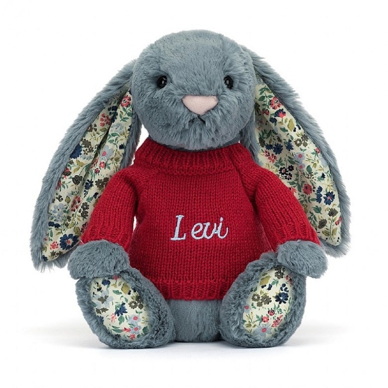 Jellycat Blossom Dusky Blue Lapin with Personalised Red Jumper MEDIUM - H31 X W12 CM | 68473IFQV