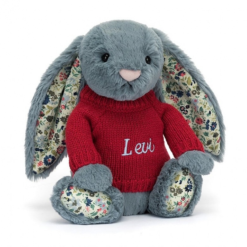 Jellycat Blossom Dusky Blue Lapin with Personalised Red Jumper MEDIUM - H31 X W12 CM | 68473IFQV