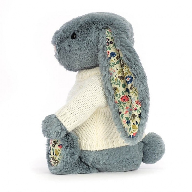 Jellycat Blossom Dusky Blue with Personalised Cream Jumper MEDIUM - H31 X W12 CM | 12073MREJ