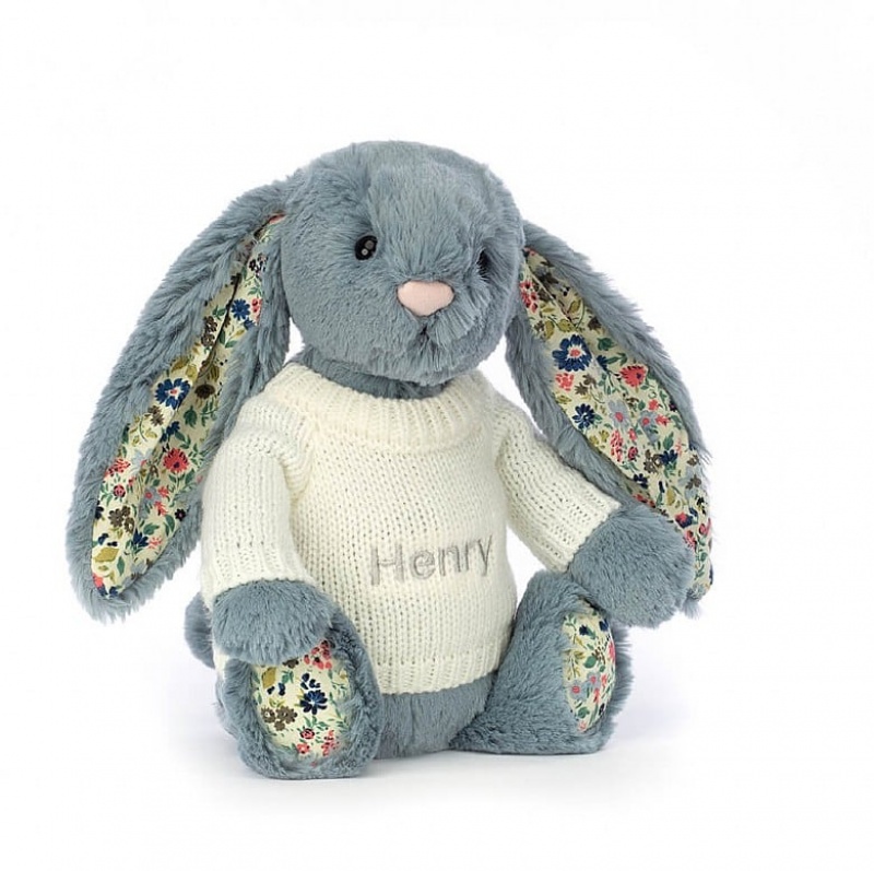 Jellycat Blossom Dusky Blue with Personalised Cream Jumper MEDIUM - H31 X W12 CM | 12073MREJ