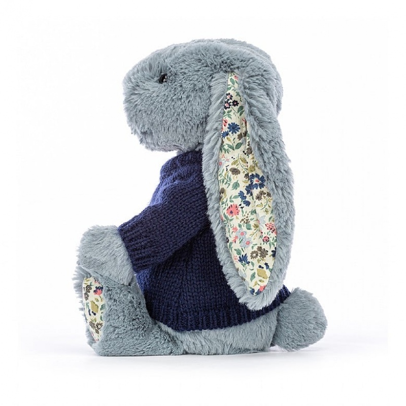 Jellycat Blossom Dusky Blue with Personalised Navy Jumper MEDIUM - H31 X W12 CM | 65172LUGI