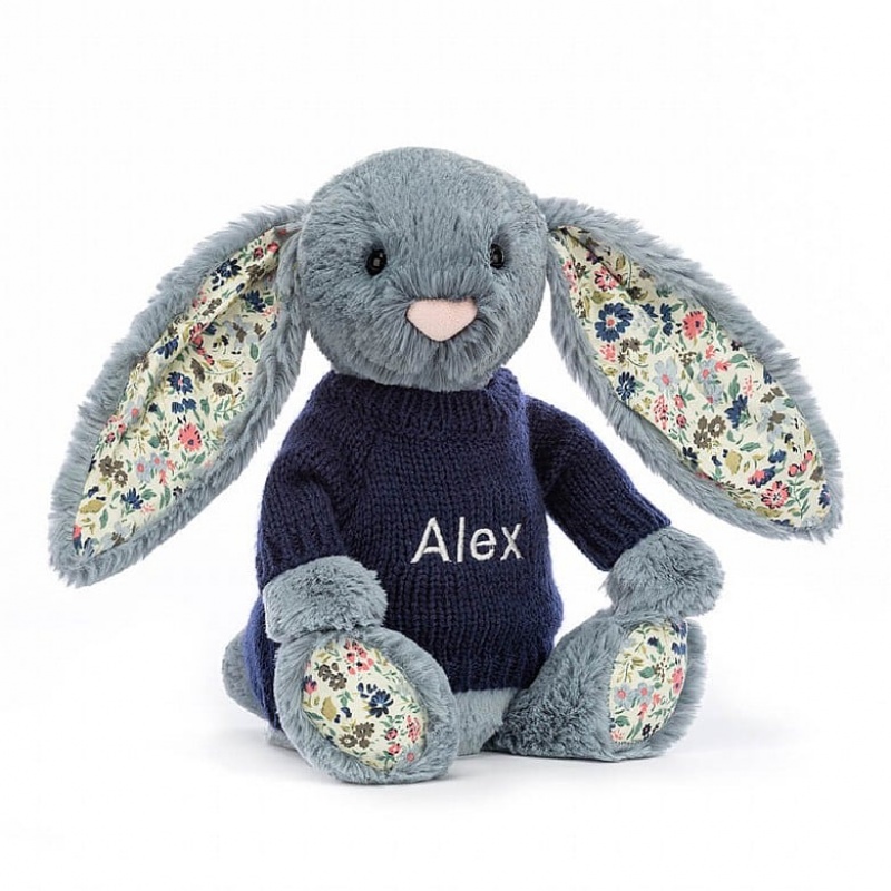 Jellycat Blossom Dusky Blue with Personalised Navy Jumper MEDIUM - H31 X W12 CM | 65172LUGI